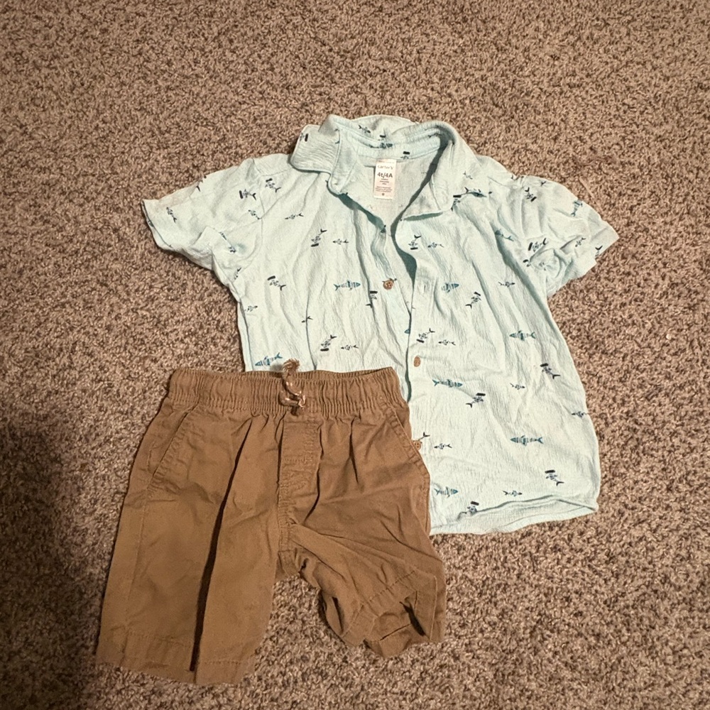 Carters Fish Print Shirt and Tan Cat and jack boys Shorts lot